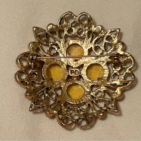 Premier Designs Daybreak Brooch/Pin Retired Antique Gold Tone Yellow Rhinestone - Picture 2 of 2